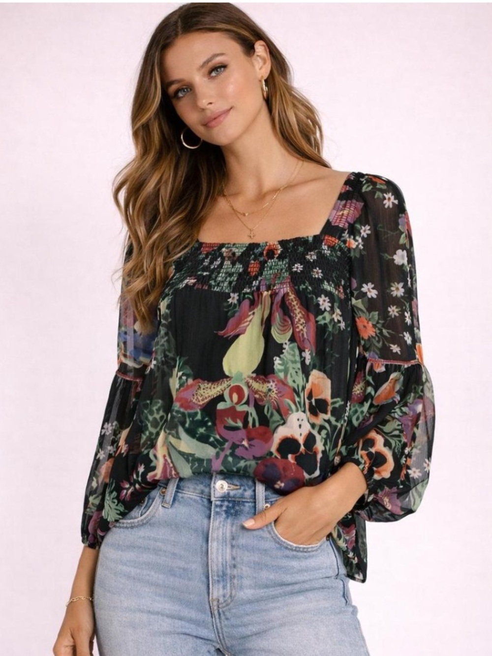 Anthropologie Black Floral Square-Neck Blouse
